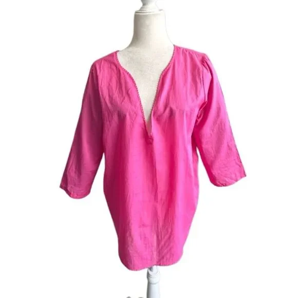 J. Crew Hot Pink V-Neck Tunic Top 100% Cotton Blouse SZ S