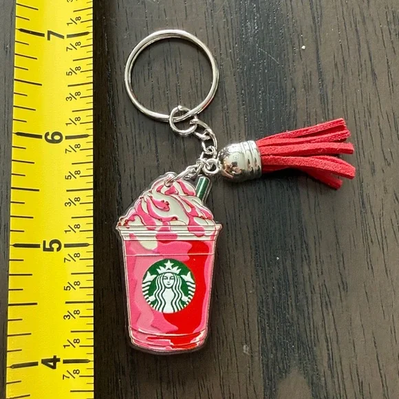 Starbucks inspired Pink Red and White Frappuccino Keychain with red tassle