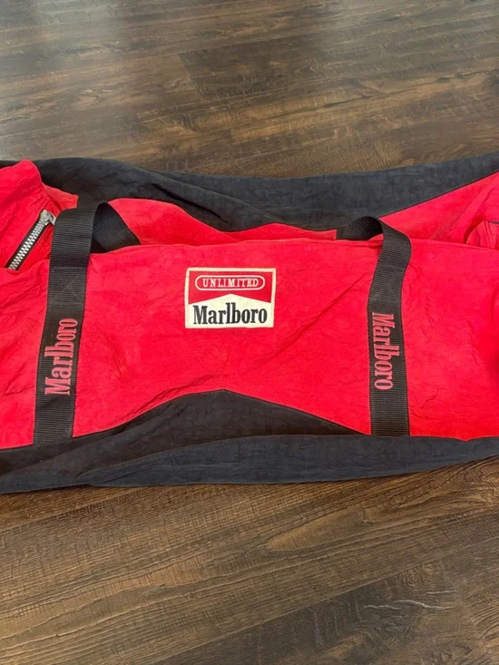 MARLBORO Vintage XL Red and Black Wheeled Travel Duffel with Branded Straps