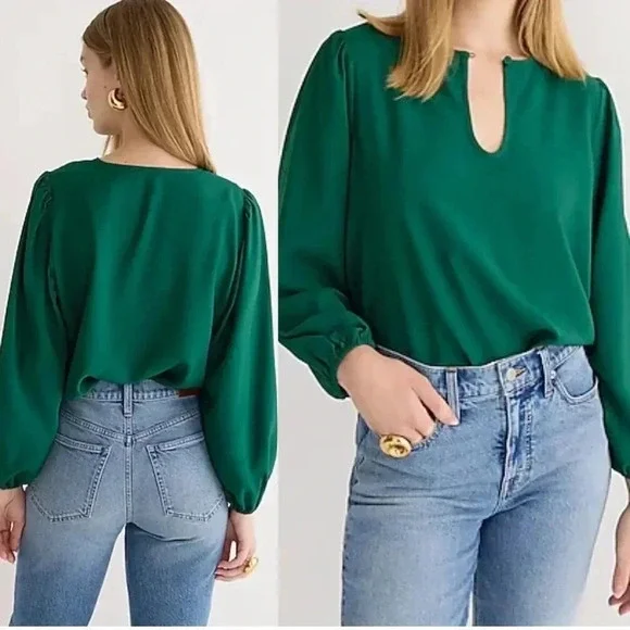 J. Crew Puff sleeve satin back crepe top in Jade Green Size Small Tall NWT