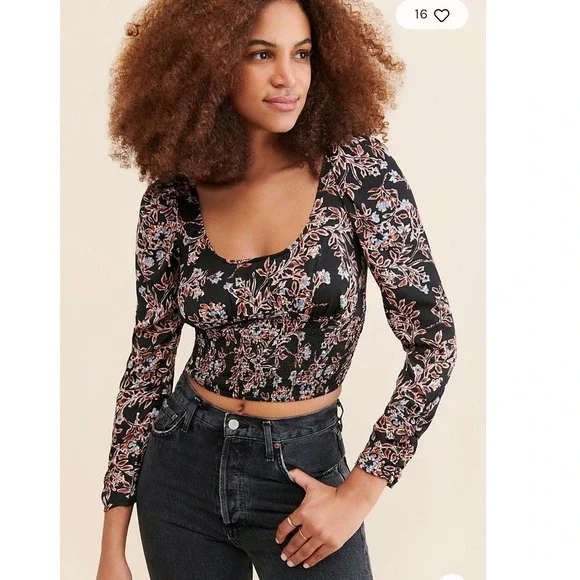 Free People Santiago Black Floral Cropped Blouse Womens S