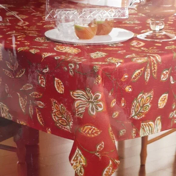 Fabric Tablecloth Fall Leaves Brick Green Yellow 60x102