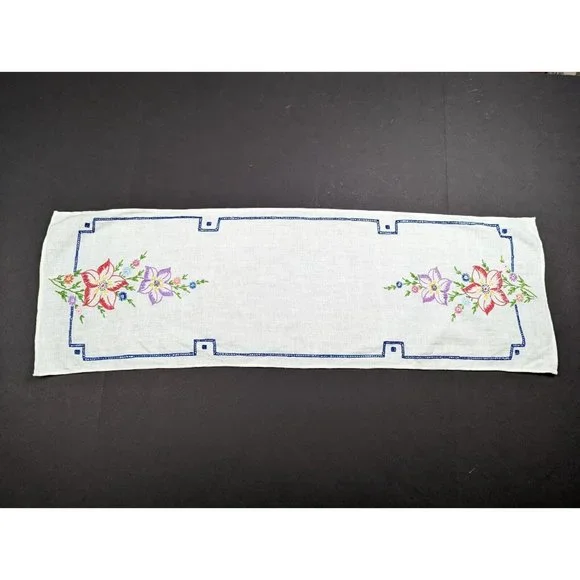 Vintage Table Runner White Colorful Floral Embroidered Rectangular 36 x 11.5