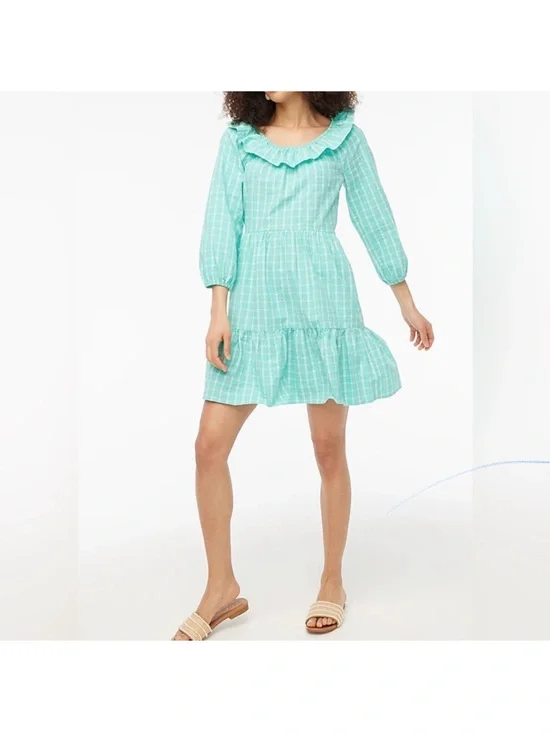NWT J.Crew Seersucker Ruffle Neck Dress Radiant Aqua Size 6