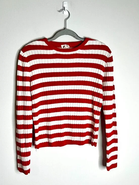 Vtg J. Crew Red White Striped Ribbed Crew Neck Sweater Coastal Nautical Preppy M