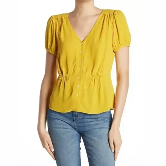 J. Crew Short Sleeve Button Peplum Blouse Yellow Size 4 Tall