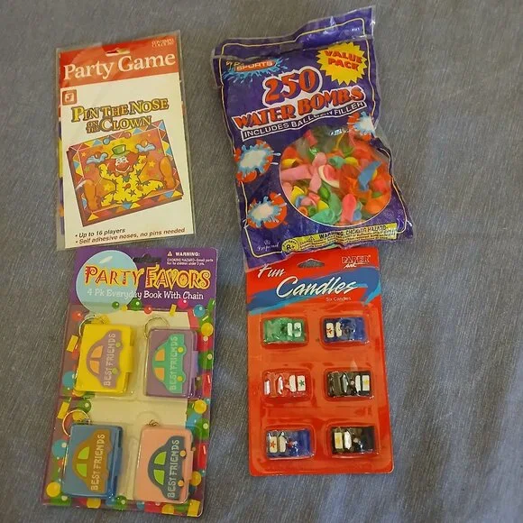 Party Favor: Pin the Clown game, 6 x Car Candles, Balloon, 4 x Book with Chain
