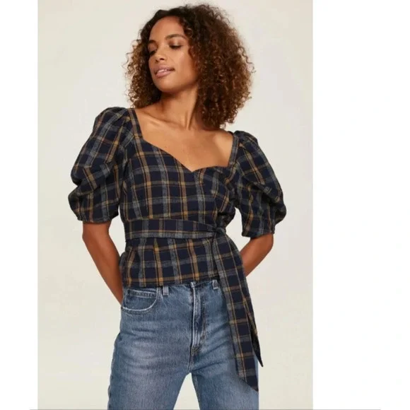 Madewell Sweetheart Wrap Top Plaid Tartan Puff Sleeve Blouse Cotton NG875 XS NWT
