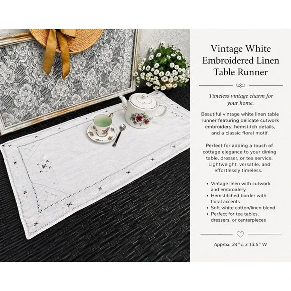 Vintage White Cutwork Eyelet Embroidered Table Runner, Linen 34