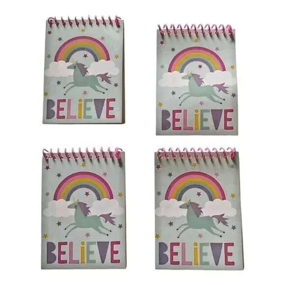 Lot of 4 Mini Spiral Paper Notebooks Party Favors Believe Unicorn Rainbow Stars