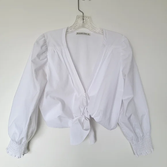 Abercrombie & Fitch White Tie-Front Puff Sleeve Blouse