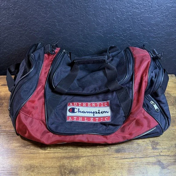 Champion Authentic Athletic Red Black Nylon Canvas Duffel Bag Mens Womens Large