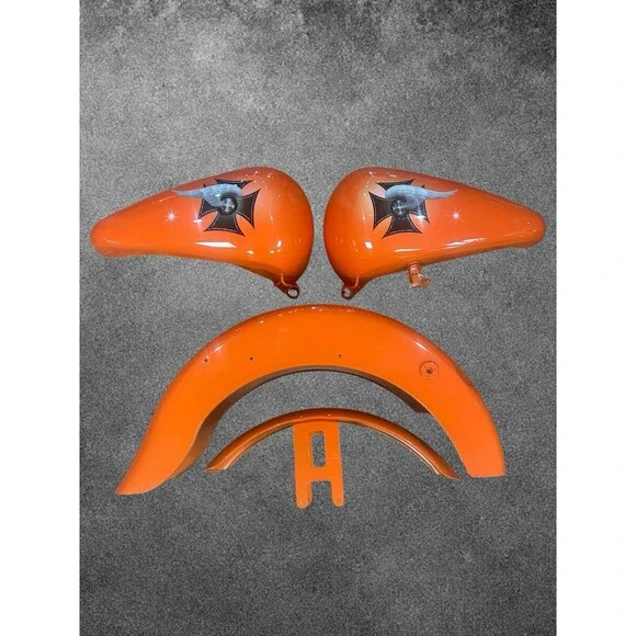 Custom Painted Chopper Tin Set – Gloss Orange with Winged Iron Cross