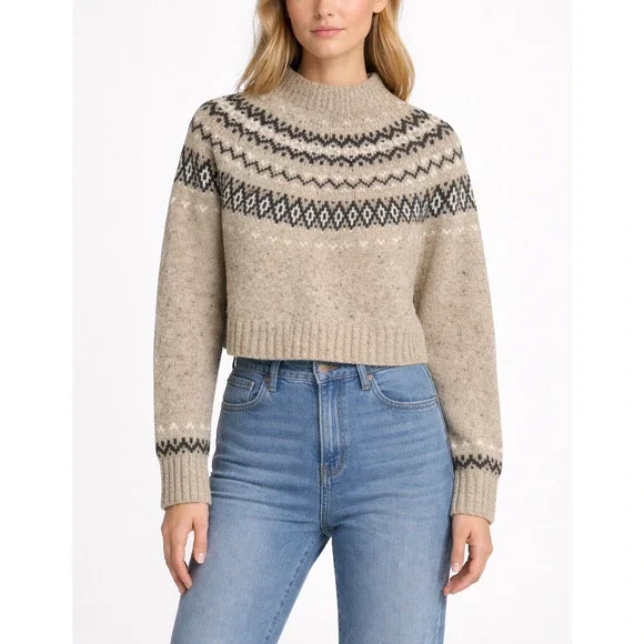 J.Crew Fair Isle Wide Mockneck Sweater Womens Small Beige Wool Blend Nordic Boho