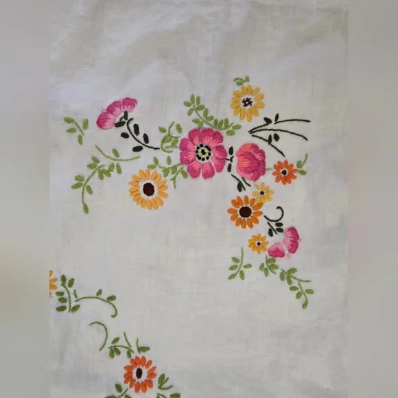 Embroidered Floral Linen Panel - Pink & Yellow Blossoms