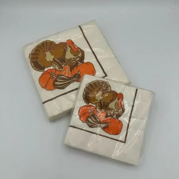 Vintage Paper Napkins Thanksgiving Turkey New Old Stock Luncheon & Cocktail 2 pk