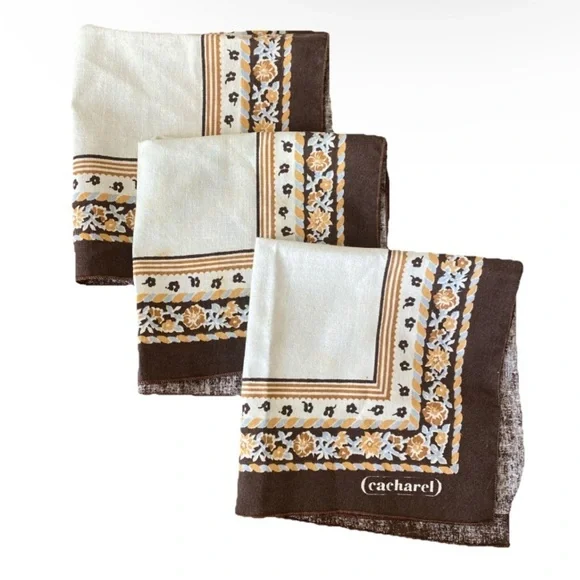 Set of 3 Cacharel Cloth Napkins Brown Beige Floral Square Fabric Boho