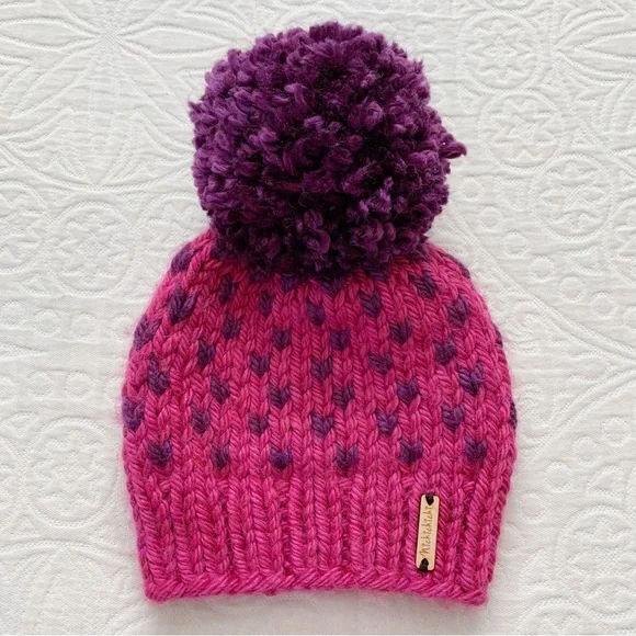 Nickichicki Girls’ Knit‎ Pom Pom Beanie, Pink / Purple Tiny Hearts (2-4 Years)