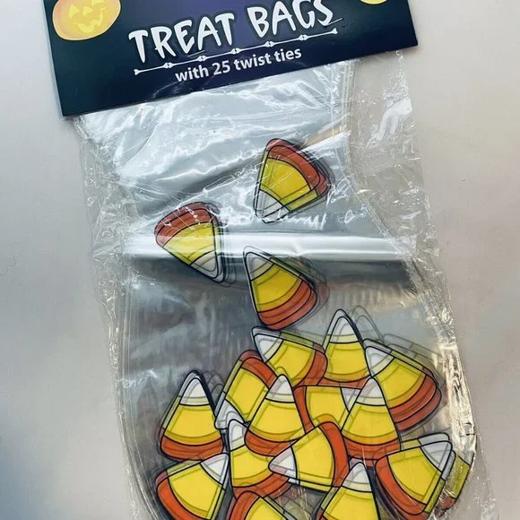 25 Count Halloween Holiday Party Treat Bags With Ties Candy Corn Clear Design