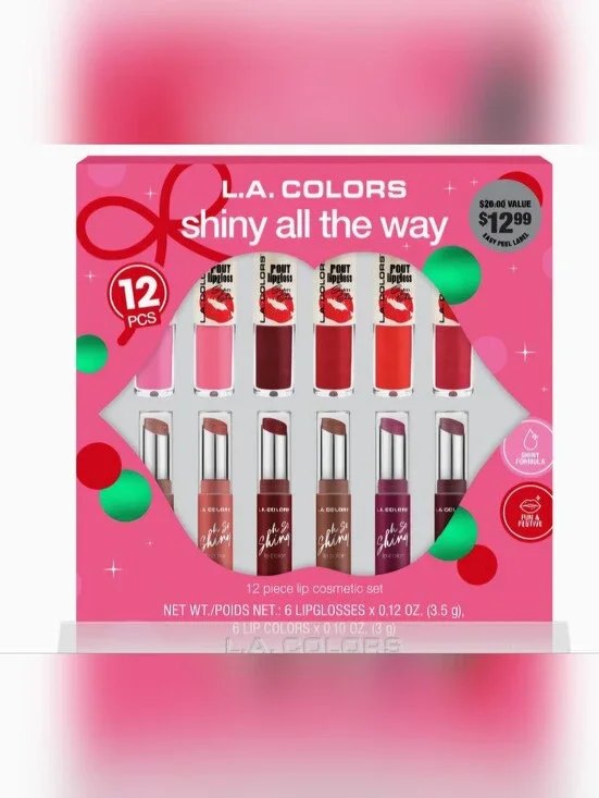 L.A. COLORS Shiny All The Way 12-Piece Lip Set - Pink & Red Mix