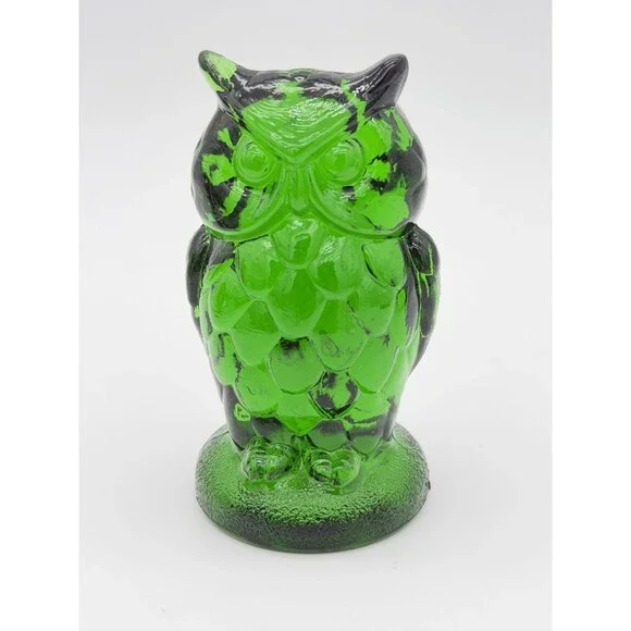 Mosser Art Glass Green Emerald Owl Figurine 3.5”H Etched Vintage Rare