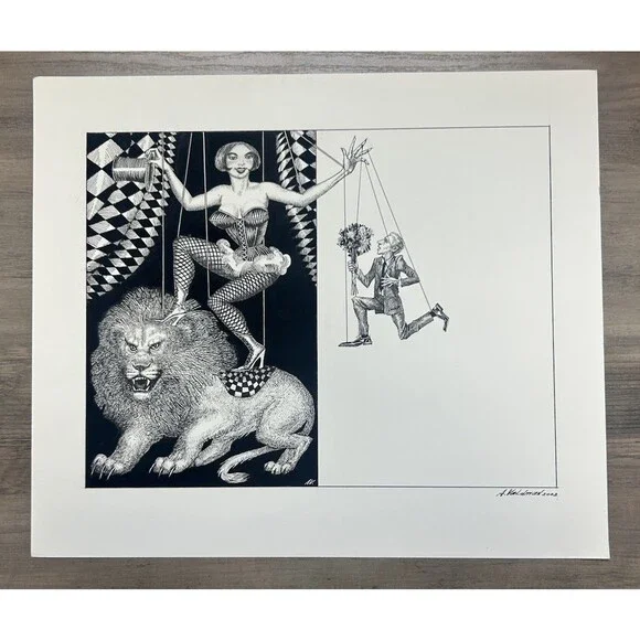 Original Alexander Valdman 2002 Pen & Ink Drawing - Puppet Master Woman on Lion