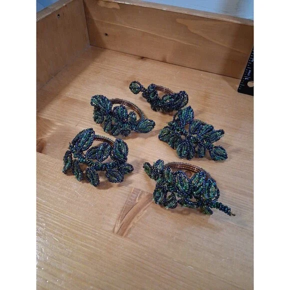 Beaded Napkin Holder Rings Set Of 5 Leaves Fronds Branch