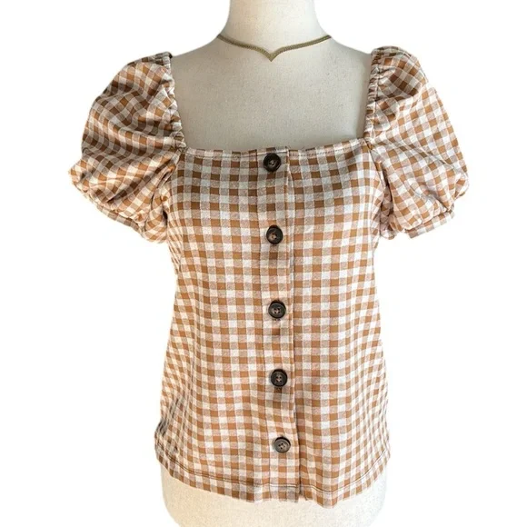 Madewell Gingham Jacquard Square-Neck Puff-Sleeve Top