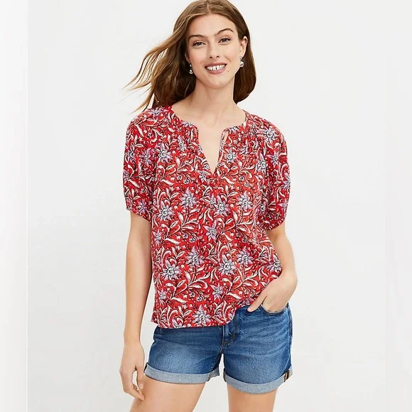 LOFT Spring Bloom Tie Neck Puff Sleeve Floral Puff Sleeve Peasant Top Size M