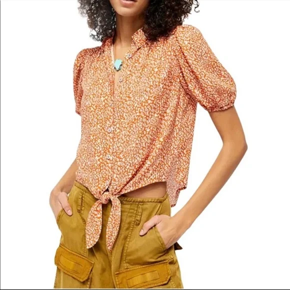 NWT FREE PEOPLE- Celia Printer Short Sleeve Blouse Rust Combo