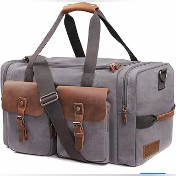 Aocome Gray Canvas Duffel Bag Leather Trim Travel Weekender/Shoe Compartment