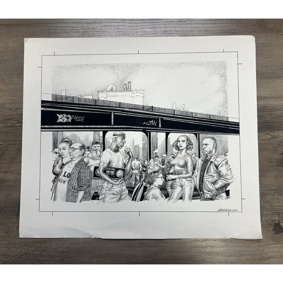Original Alexander Valdman 2002 Signed Pen & Ink Drawing - NY Subway Platform