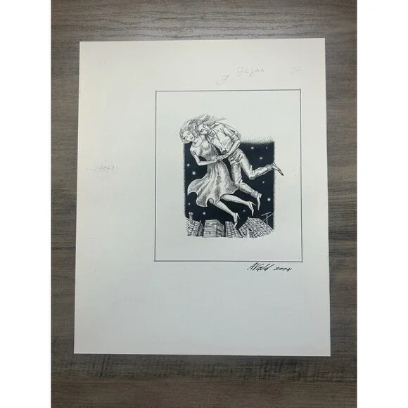 Alexander Valdman Original Pen & Ink Drawing 2004 Surreal Floating Couple Art