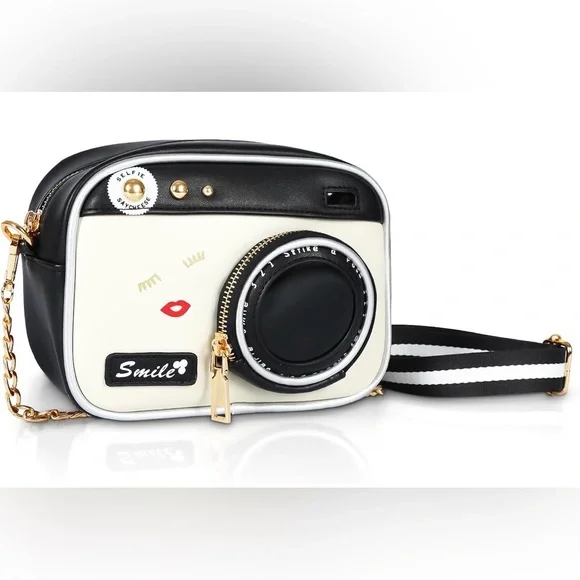 NWOT Stylish Black and White Camera Crossbody Bag