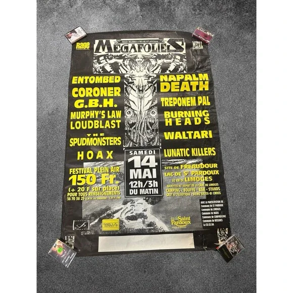 VTG 1994 Megafolies Festival Poster Napalm Death Entombed Coroner GBH Loudblast