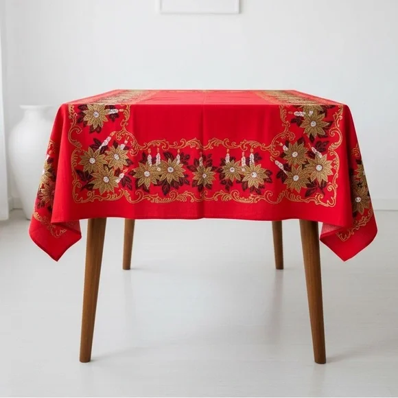 Parisian Prints Vintage Christmas Tablecloth Red Christmas Mid-Century Modern