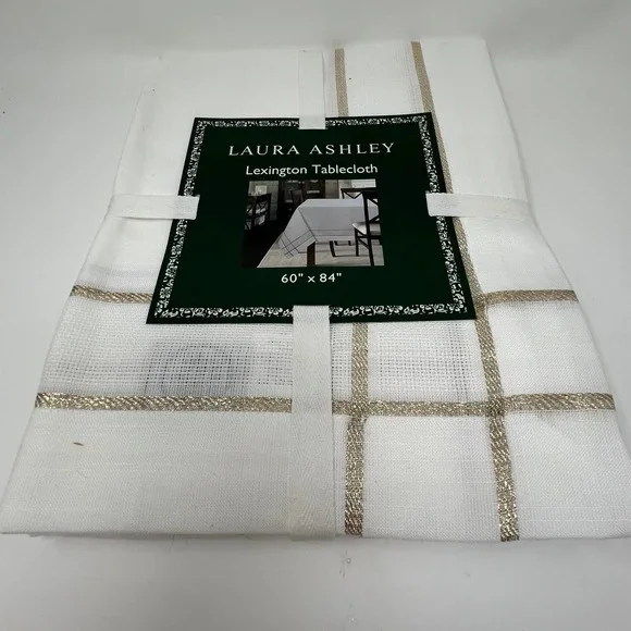 Laura Ashley Lexington Tablecloth White Sparkling Gold Ribbon 60 x 84 Inch New