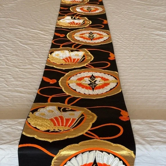 Vintage Japanese Obi Table Runner Black Gold Crane 13 Ft