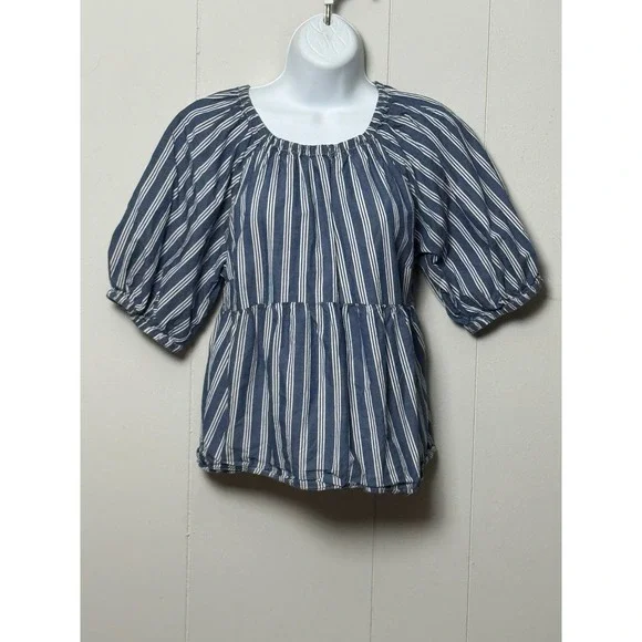 Old Navy Women's Blue White Striped Puff Sleeve Peplum Babydoll Top Size Small