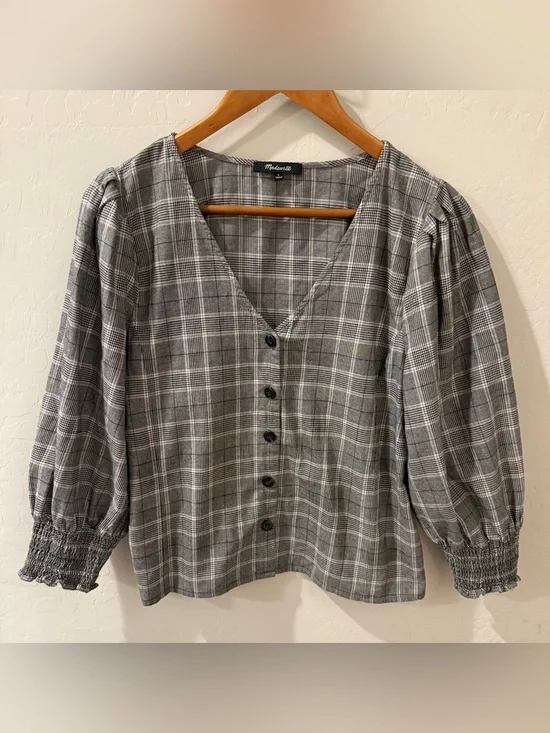 Madewell Plaid Smocked-Cuff Button-Front Shirt Size 4