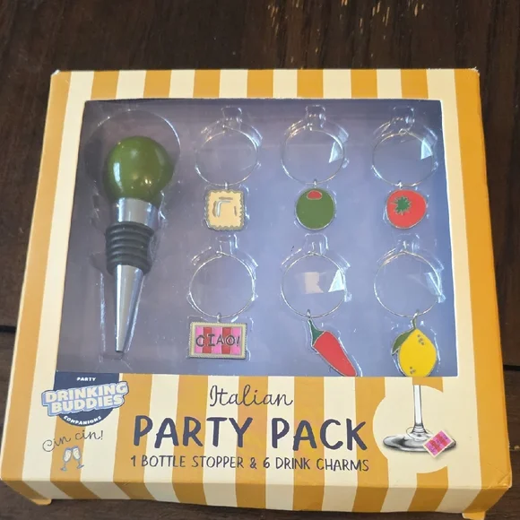 Italian Party Pack — Green Bottle Stopper & Green-Accented Drink Charms