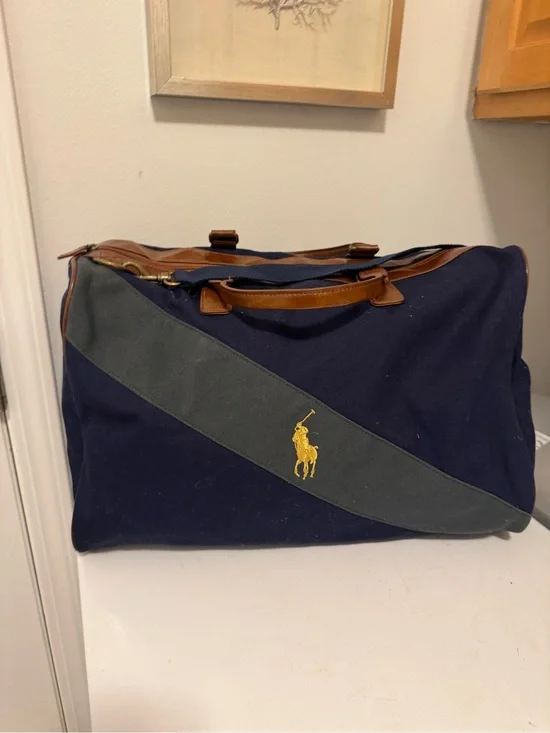 VTG Ralph Lauren Navy Canvas Duffel with Brown Leather Trim and Yellow Logo