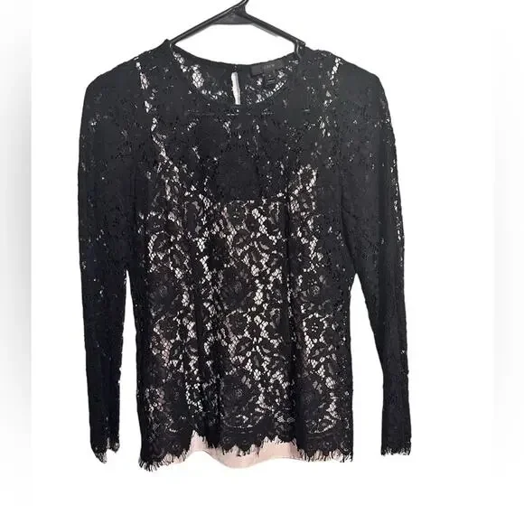 J. Crew Long Sleeve Black Lace Blouse Beige Camisole Size 0