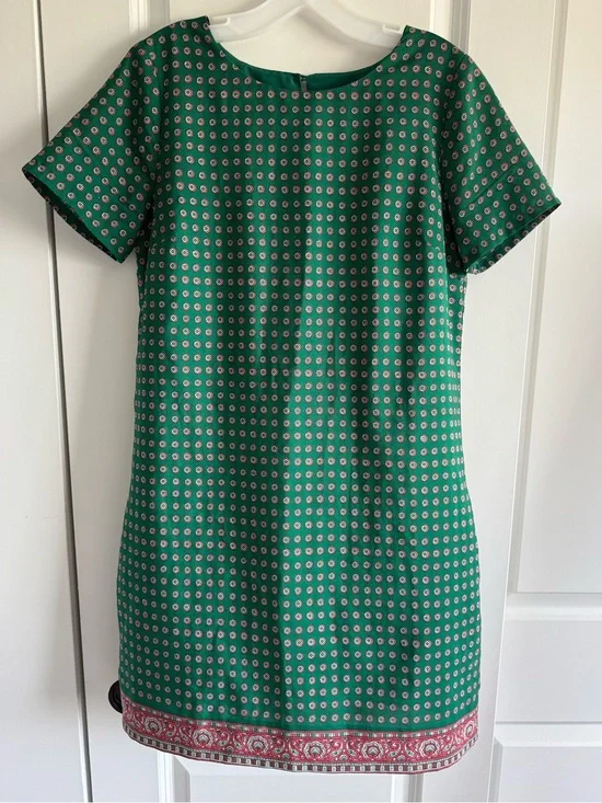 J. Crew Green Short-Sleeve Shift Dress with Pink Printed Hem