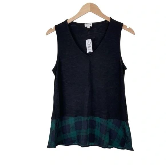 J. Crew Black Drapey Tank Top Plaid Woven Hem Size Medium