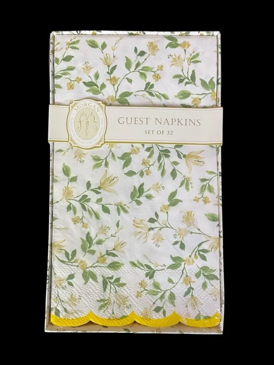 64 Guest Napkins Tan Yellow Floral Disposable Paper Meals Party Bathroom NEW NIB