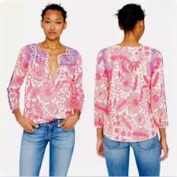 J.Crew Embroidered Floral Cotton Peasant Top Pink Blue Size 6