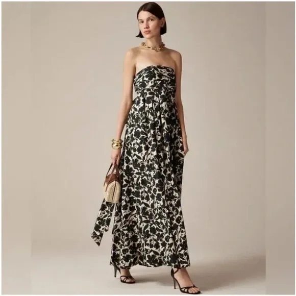 J. Crew Strapless Black & Cream Floral Maxi Dress
