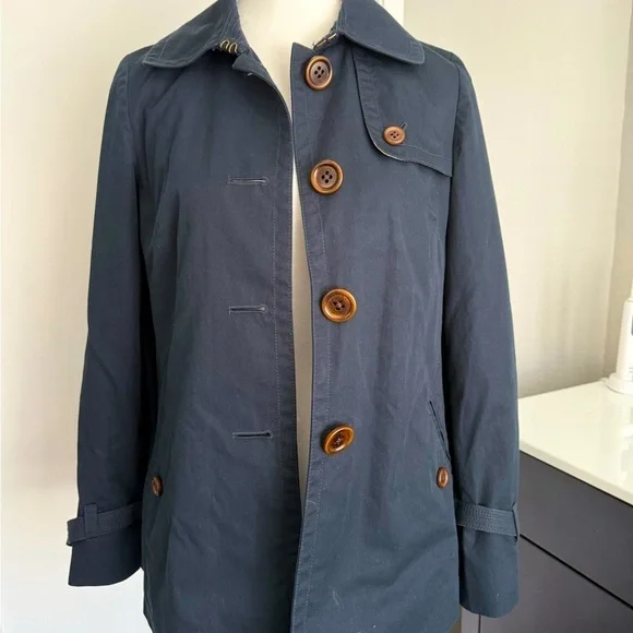 J. Crew Dark Blue Trench Coat with Wooden Buttons - dark blue