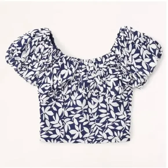 NWT Abercrombie & Fitch Womens Small Ruched Puff Sleeve Scoop Neck Floral